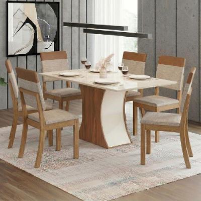 Conjunto Sala de Jantar Layla Urban 6 Lugares Tampo MDF Cadeiras Estofadas Caramelo e Creme 160CM