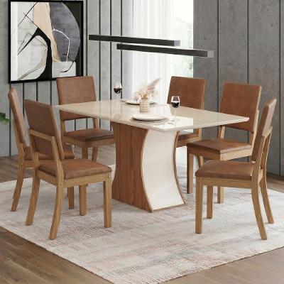 Conjunto Sala de Jantar Layla Urban 6 Lugares Tampo MDF com Vidro Off White 160CM Casa 812