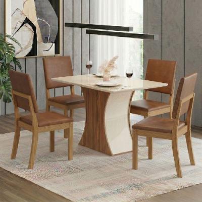 Conjunto Sala de Jantar Layla Urban 4 Lugares Tampo MDF Cadeiras Estofadas Off White 120CM Casa 812
