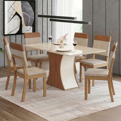 Conjunto Sala de Jantar Layla Urban 6 Lugares Tampo MDF com Vidro Cadeiras Estofadas Caramelo