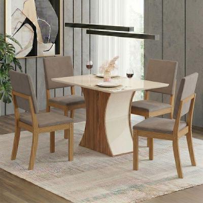 Conjunto Sala de Jantar Layla Trend 4 Lugares Tampo MDF Cadeiras Suede Amêndoa 120CM Casa 812