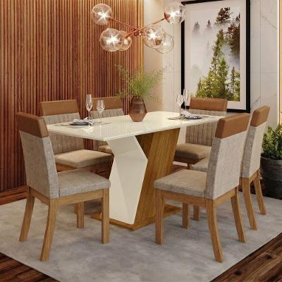 Conjunto Sala de Jantar Layla Essence 6 Lugares Tampo MDF com Vidro Cadeiras Veludo Caramelo 160CM