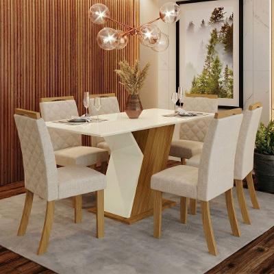 Conjunto Sala de Jantar Layla Select 6 Lugares Tampo MDF Cadeiras Suede Off White 160CM Casa 812