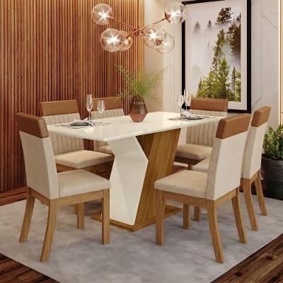 Conjunto Sala de Jantar Layla Essence 6 Lugares Tampo MDF com Vidro Cadeiras Veludo Caramelo 160CM