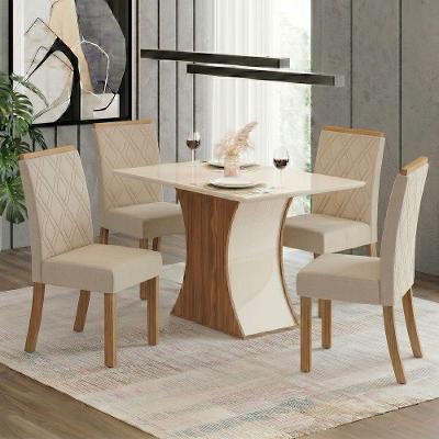 Conjunto Sala de Jantar Layla Supreme 4 Lugares Tampo MDF Cadeiras Estofadas Off White 120CM Casa