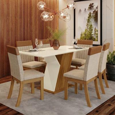 Conjunto Sala de Jantar Layla Essence 6 Lugares Tampo MDF Cadeiras Veludo Off White e Caramelo-creme