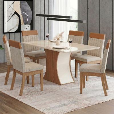 Conjunto Sala de Jantar Layla Majestic 6 Lugares Tampo MDF com Vidro Cadeiras Veludo Caramelo-creme