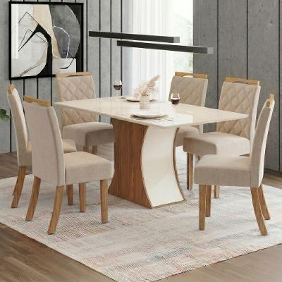 Conjunto Sala de Jantar Layla Confort 6 Lugares Tampo MDF Cadeiras Estofadas Off White 160CM Casa