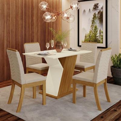 Conjunto Sala de Jantar Layla Elegance 4 Lugares Tampo MDF Cadeiras Estofadas Bege 120CM Casa 812