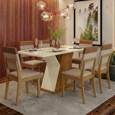 Conjunto Sala de Jantar Layla Diamond 6 Lugares Tampo MDF com Vidro Cadeiras Suede Caramelo-creme