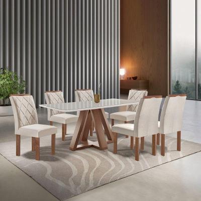 Conjunto Sala de Jantar Kyra 6 Lugares Tampo Vidro Suede Bege 170CM Cel Móveis