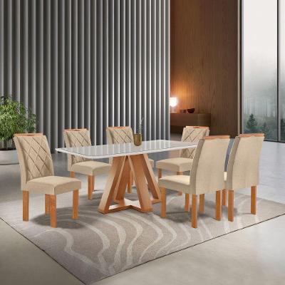 Conjunto Sala de Jantar Kyra 6 Lugares Tampo em Vidro Suede Bege 170CM Cel Móveis