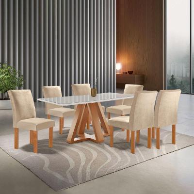 Conjunto Sala de Jantar Kyra 6 Lugares Tampo em Vidro Canela Bege 170CM Cel Móveis