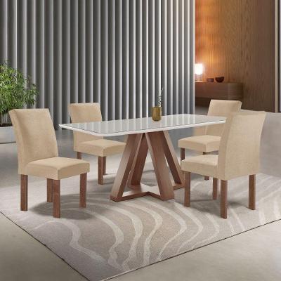 Conjunto Sala de Jantar Kyra 4 Lugares Tampo em Vidro Suede Bege 120CM Cel Móveis