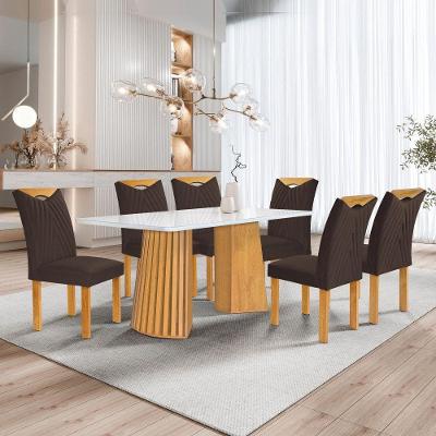 Conjunto Mesa Stella 6 Cadeiras Tampo em Vidro Revestimento Veludo Marrom 170CM Cel Móveis