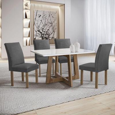 Conjunto Mesa Arizona com 4 Cadeiras Tampo em Vidro Veludo Grafite 120CM Cel Móveis