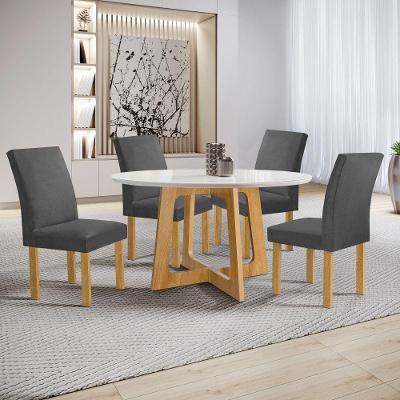 Conjunto Sala de Jantar Arizona 4 Lugares Tampo Vidro Cadeiras Veludo Grafite 120CM Cel Móveis