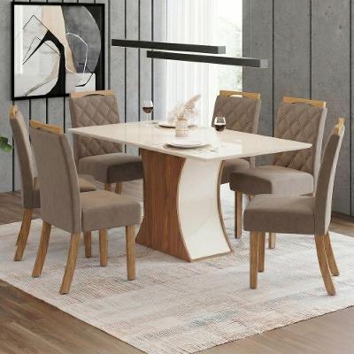 Conjunto de Sala de Jantar Layla Confort 6 Lugares Tampo MDF Cadeiras Estofadas Amêndoa 160CM Casa