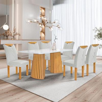Conjunto de Jantar Stella 6 Lugares Tampo em Vidro com Cadeiras em Veludo Off White e Boucle Gelo