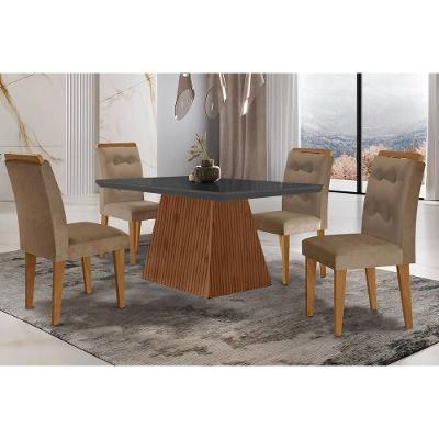 Conjunto de Mesa de Jantar Luna 4 Lugares Tampo MDF com Vidro e Cadeiras Estofadas Capuccino Rufato