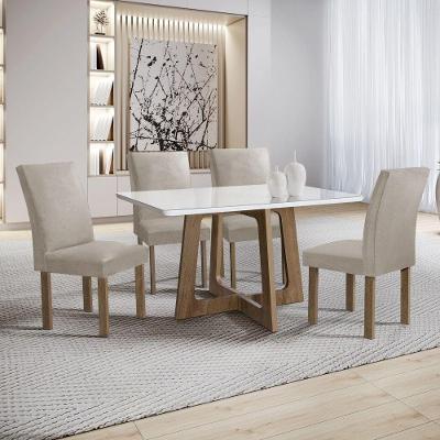 Conjunto Mesa Arizona com 4 Cadeiras Tampo em Vidro Veludo Bege 120CM Cel Móveis