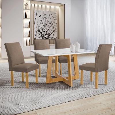 Conjunto Mesa Arizona 4 Lugares Tampo MDF com Vidro Cadeiras Veludo Bege Escuro 120CM Cel Móveis