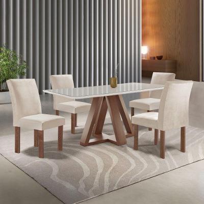 Conjunto de Jantar Kyra 4 Lugares Tampo em Vidro Suede Bege 120CM Cel Móveis