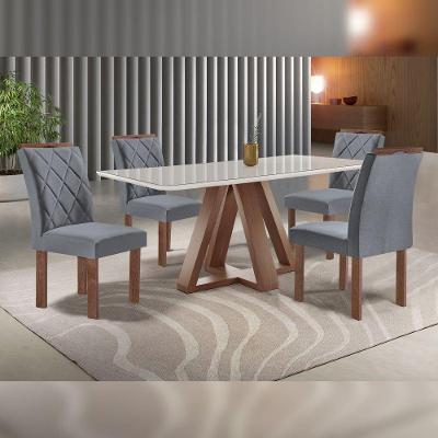 Conjunto de Jantar Kyra 4 Lugares Tampo em Vidro com Cadeiras Suede Off White Grafite 120CM Cel