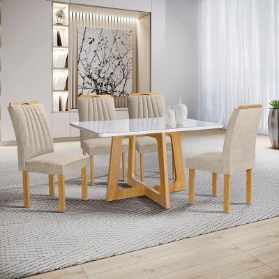 Conjunto de Jantar Arizona 4 Lugares Tampo Vidro Cadeiras Veludo Bege 120CM Cel Móveis