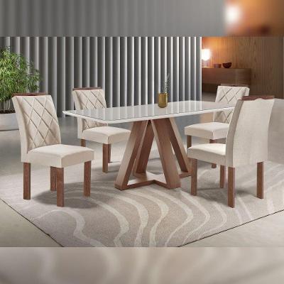 Conjunto de Jantar Kyra 4 Lugares Tampo em Vidro Cadeiras Veludo Bege 120CM Cel Móveis