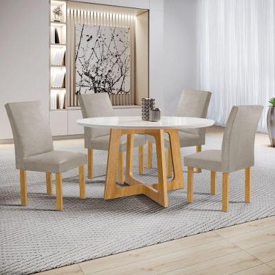 Conjunto de Jantar Arizona 4 Lugares Tampo MDF com Vidro e Cadeiras Veludo Bege 120CM Cel Móveis