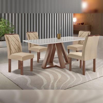 Conjunto de Jantar Kyra 4 Cadeiras Tampo Vidro Smart Plus Chocolate e Off White Linho Bege Cel