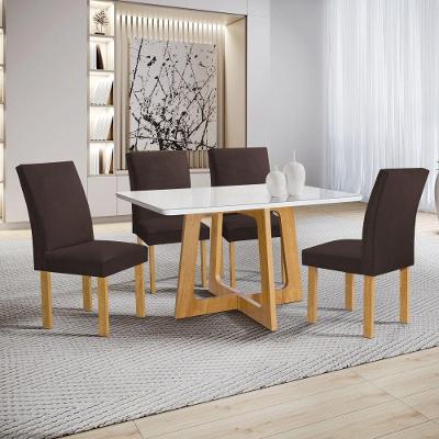 Conjunto de Jantar Arizona 4 Lugares Tampo em Vidro com Cadeiras em Veludo Marrom Cel Móveis