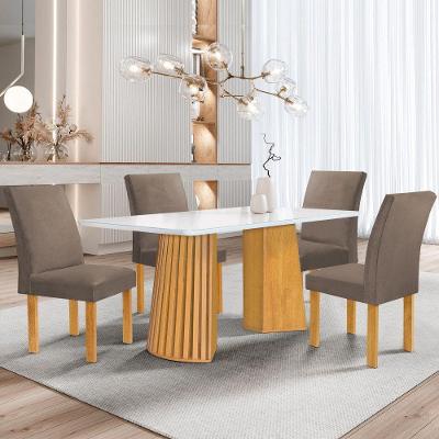 Conjunto de Jantar Stella 4 Lugares Tampo MDF com Vidro e Cadeiras Veludo Bege Escuro 120CM Cel