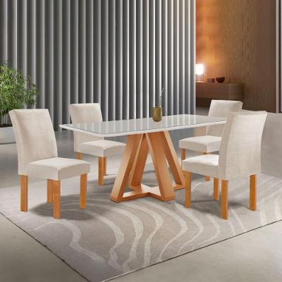 Conjunto de Jantar Kyra 4 Lugares Tampo Vidro Suede Bege 120CM Cel Móveis