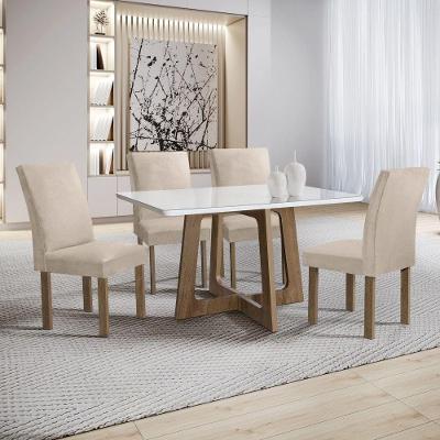 Conjunto de Jantar Arizona 4 Lugares Tampo MDF com Vidro Cadeiras Veludo Bege 120CM Cel Móveis