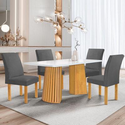 Conjunto de Jantar Stella 4 Lugares Tampo em Vidro com Cadeiras Veludo Off White 120CM Cel Móveis