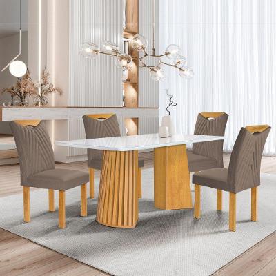 Conjunto de Jantar Stella 4 Lugares Tampo MDF com Vidro Cadeiras Veludo Bege Escuro 120CM Cel Móveis