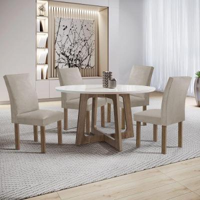 Conjunto de Jantar Arizona 4 Lugares Tampo em Vidro com Cadeiras Veludo Bege 120CM Cel Móveis