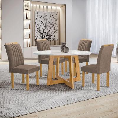 Conjunto de Jantar Arizona 4 Lugares Tampo em Vidro com Cadeiras em Veludo Bege Escuro Cel Móveis
