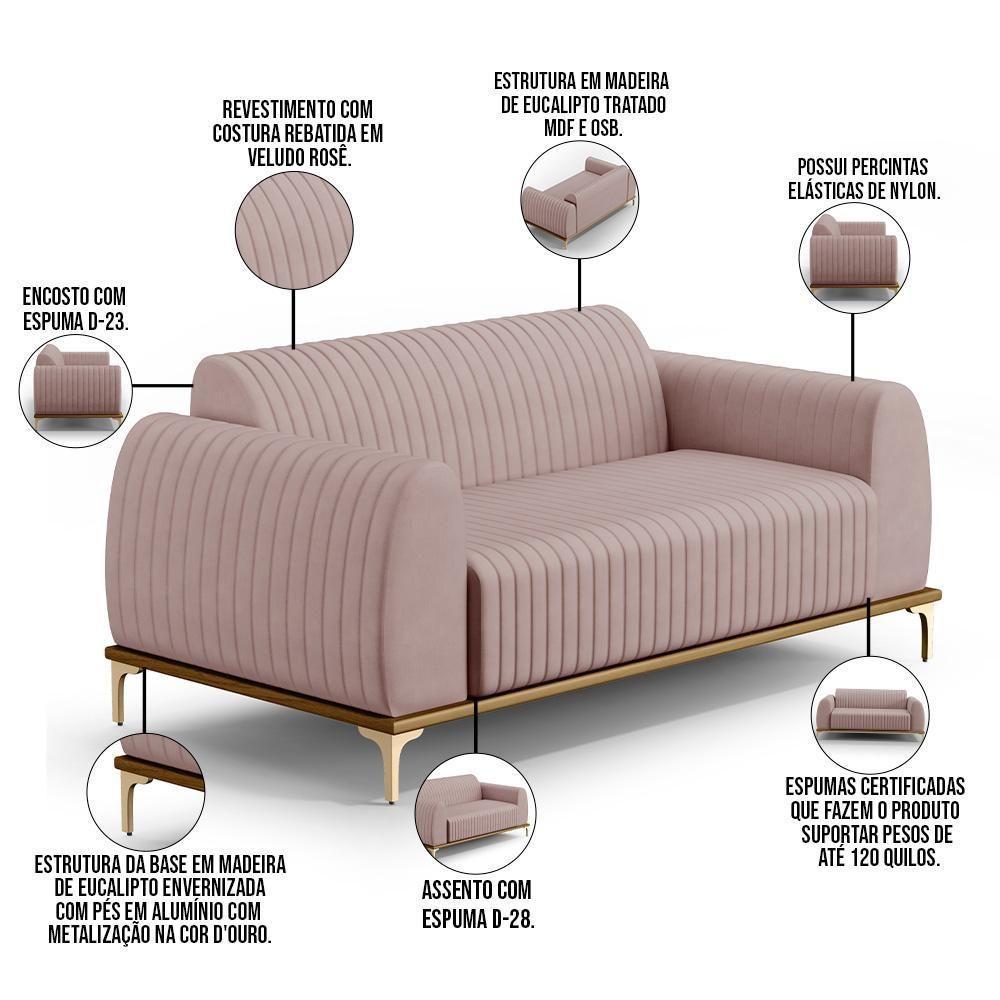 Sofá 2 Lugares Molino 150 Cm Pés D'ouro Veludo Rosê C-305 - 5