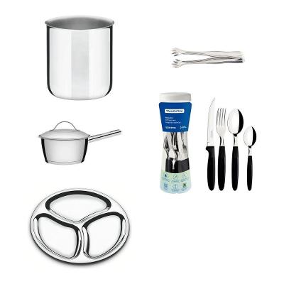 Kit Outdoor Família com Pratos Faqueiro Panela Pegador e Copos Aço Inox Tramontina 2,7L