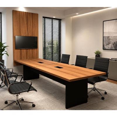 Conjunto Sala de Reunião F5 Mesa 2,70m Painel TV MDP Nogal com Preto F5 Office