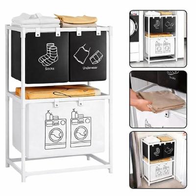 Estante Lavanderia Cesto Triplo Separador Roupas Suja Ferro e TNT Multiuso Banheiro Branco 57CM