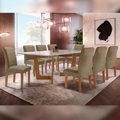 Conjunto Sala De Jantar Nápoles Tampo Vidro Com 8 Cadeiras Cinamomo/off W/veludo Bege Escuro