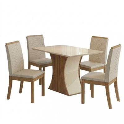 Conjunto Sala de Jantar New Layla 4 Lugares Tampo MDF Cadeiras Estofadas Off White 120CM Casa 812