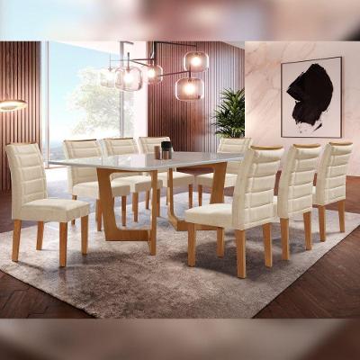 Conjunto Sala de Jantar Napoles 8 Lugares Tampo em Vidro com Cadeiras em Veludo Bege Cel Móveis
