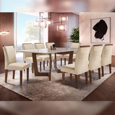 Conjunto Sala De Jantar Nápoles Tampo Vidro Com 8 Cadeiras Chocolate/off White/veludo Bege