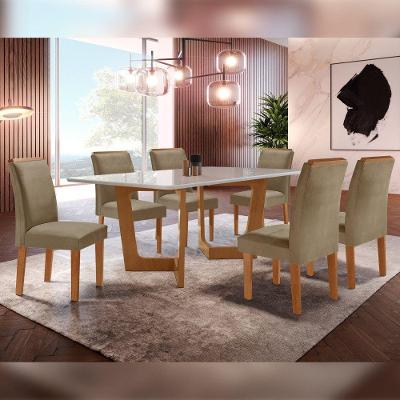 Conjunto Sala De Jantar Tampo Vidro/mdf Com 6 Cadeiras Cinamomo/off W/veludo Bege Escuro