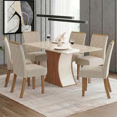 Conjunto Sala de Jantar Layla Supreme 6 Lugares Tampo MDF com Vidro Cadeiras Estofadas Off White